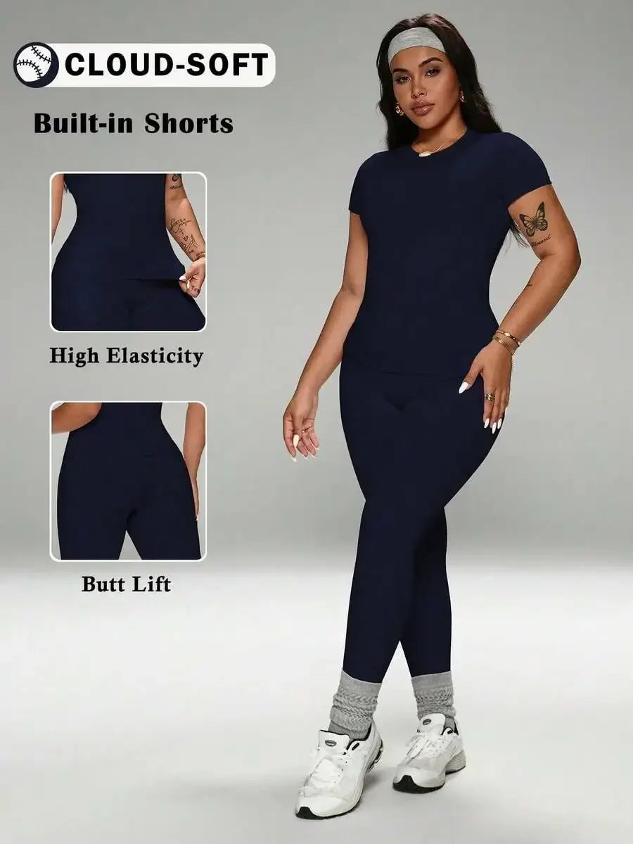 Cloud-Soft 2-Piece Activewear Set High-Waist Yoga Leggings Crew Neck Tee Plus Size Stretchy Sportswear