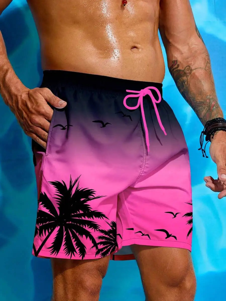 Palm Tree Print Drawstring Beach Shorts For Men Beachwear Holiday