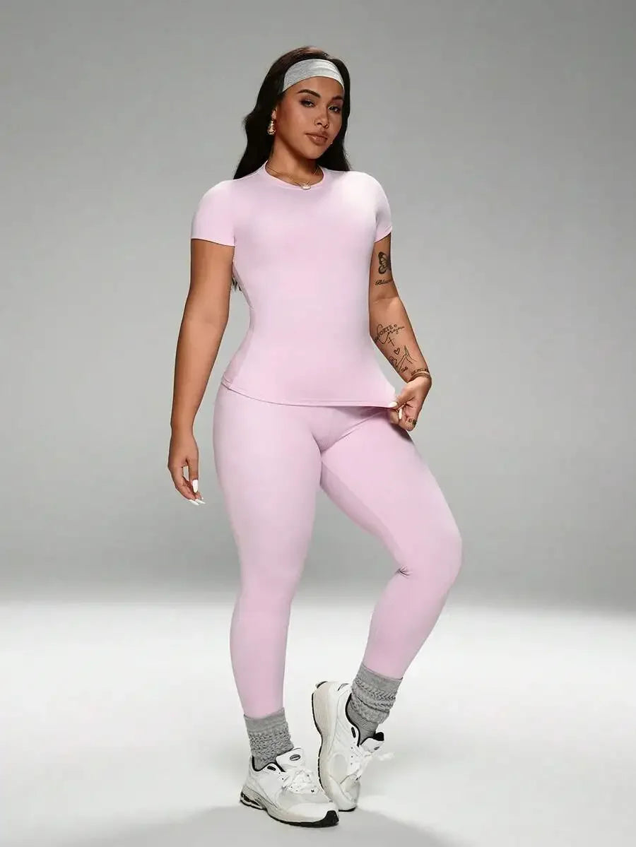 Cloud-Soft 2-Piece Activewear Set High-Waist Yoga Leggings Crew Neck Tee Plus Size Stretchy Sportswear
