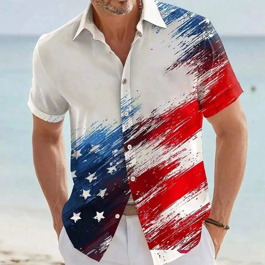 Patriotic American Flag Print Men's Short Sleeve Button Up Shirt