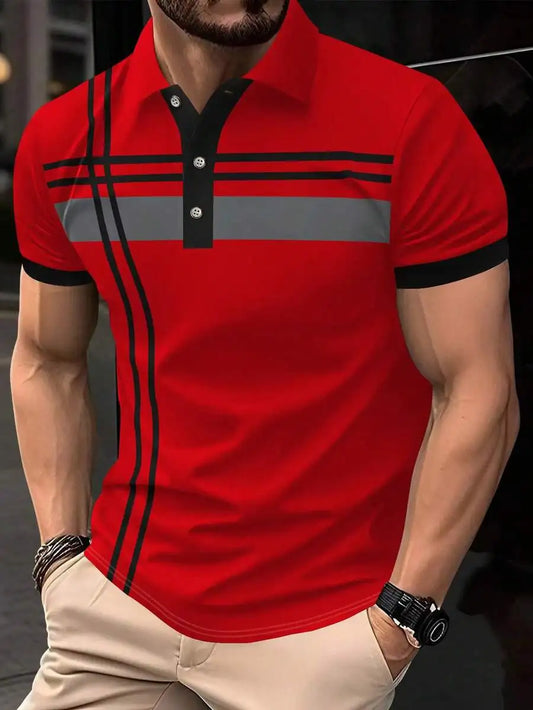 Men's Red Short Sleeve Polo Shirt with Black and Gray Stripe Contrast Trim