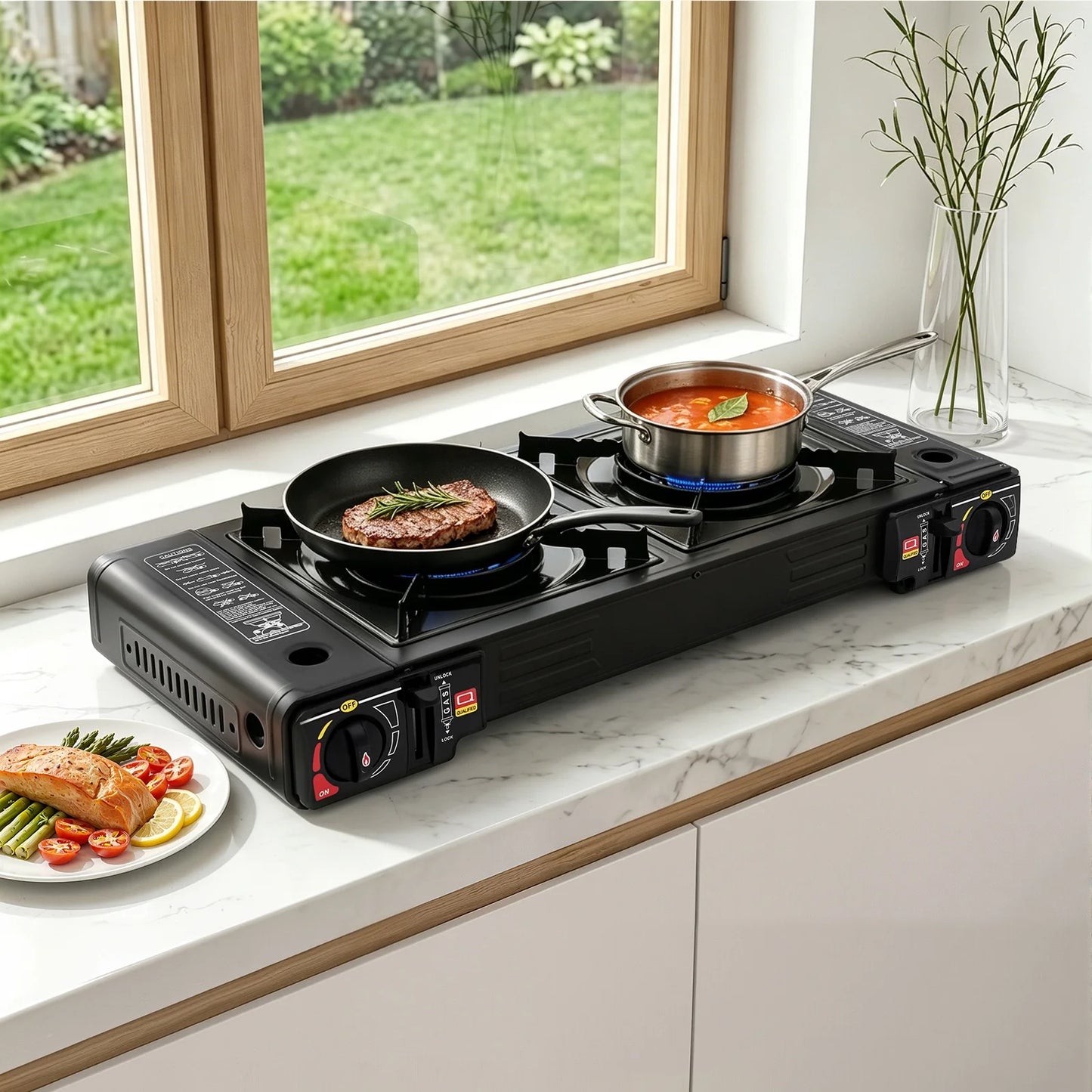 Portable 2 Burner Camping Gas Stove 2500W Dual Fuel