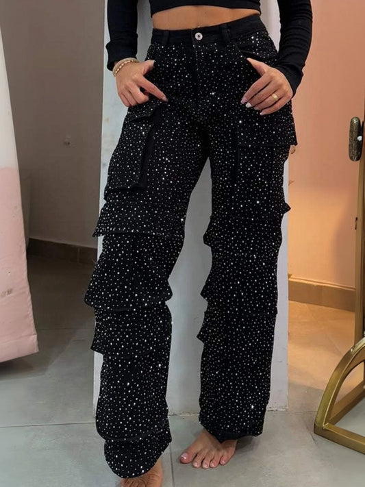 Womens High Waist Rhinestone Multi Pocket Straight Denim Jeans