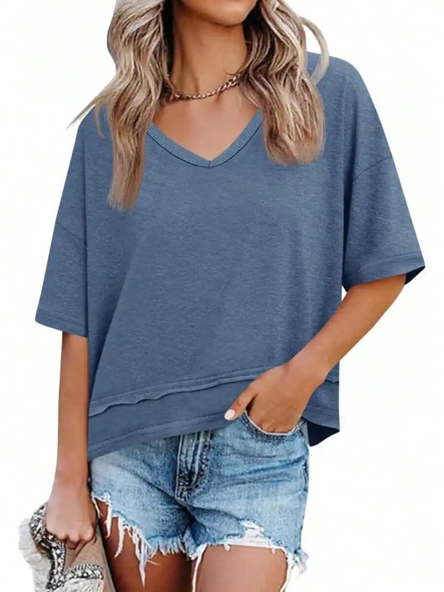 Womens V-Neck Loose Short Sleeve Flowy Top