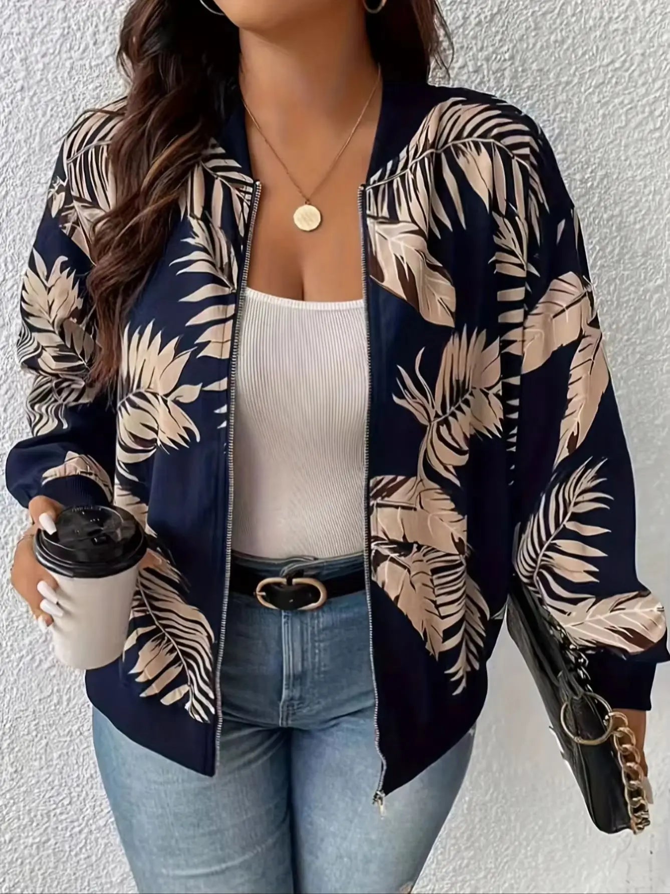 Tropical Plant Print Baseball Jacket With Zipper For Casual Wear