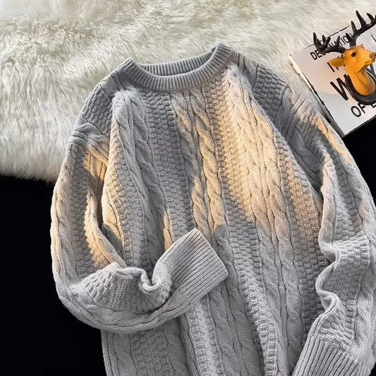 Trendy Knitted Sweater For Men Loose Fit Vintage Casual Round Neck Pullover Autumn Winter Seasonal Fashion Base Layer Shirt