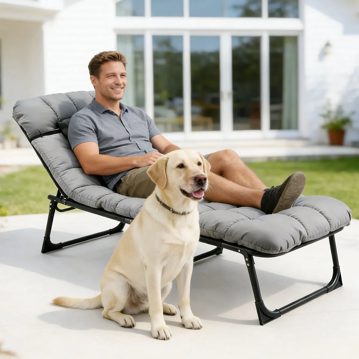 Portable Folding Camping Lounge Chair With Cushion, 3-Position Reclining