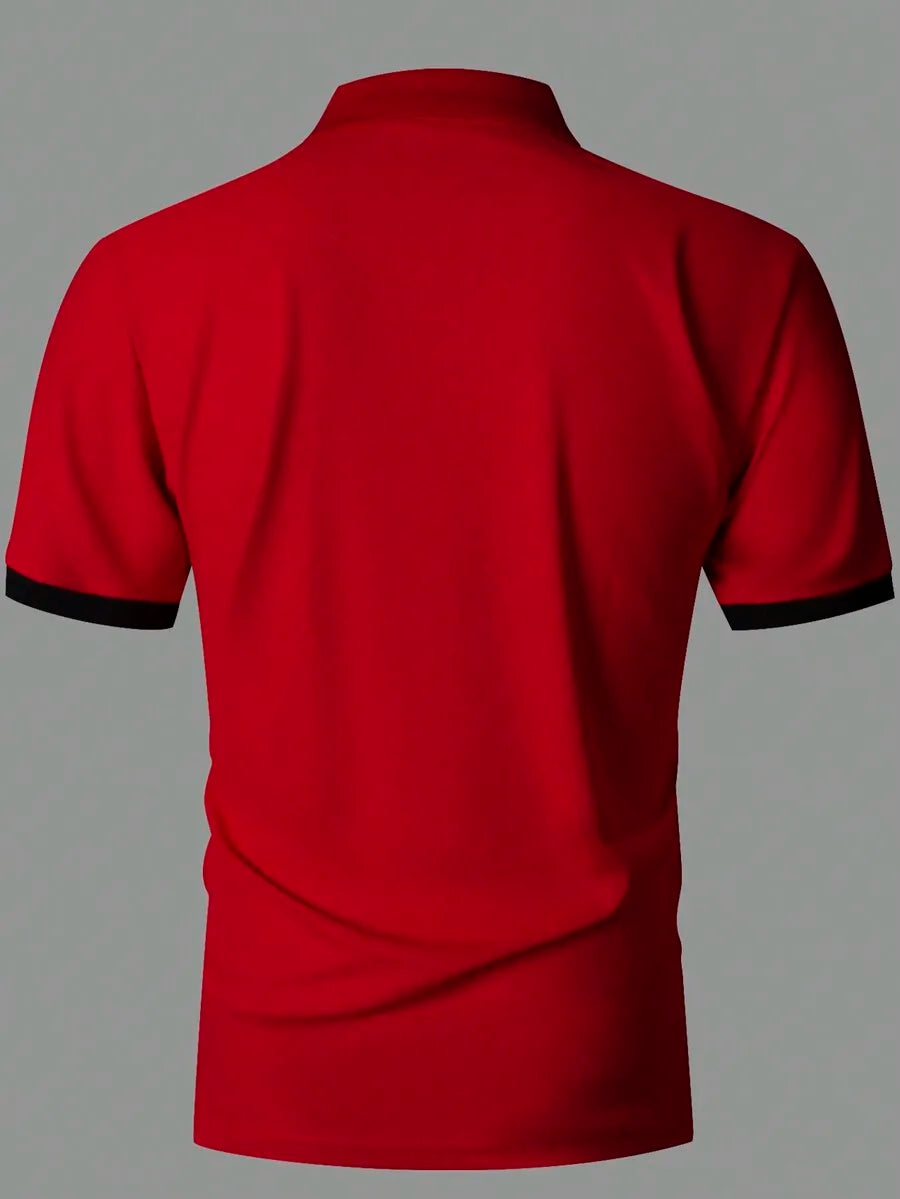 Men's Red Short Sleeve Polo Shirt with Black and Gray Stripe Contrast Trim