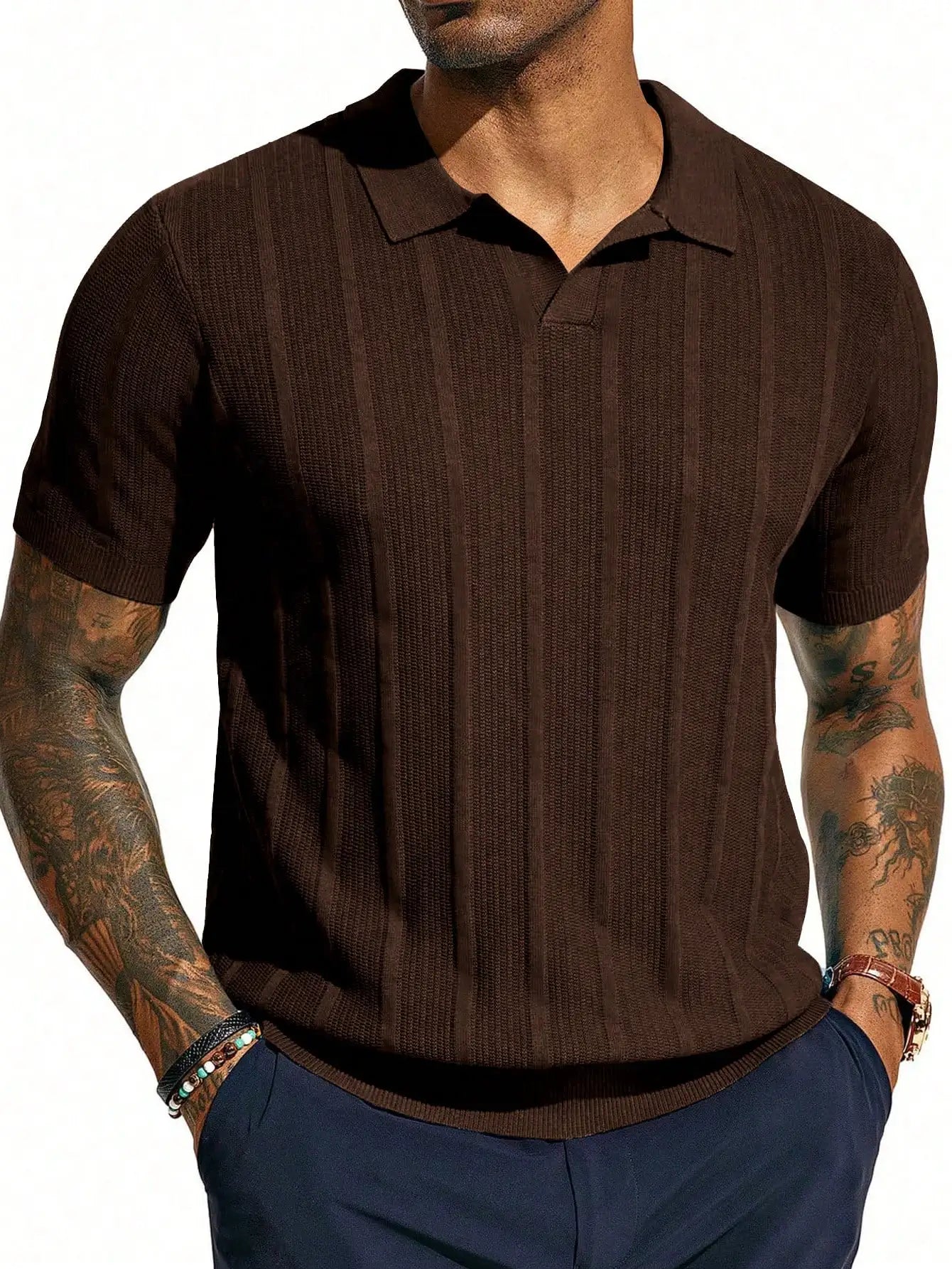Men's Navy Blue Short - Sleeve Knitted Polo Shirt - Vertical Ribbed Pattern - Comfortable And Stylish For Daily And Smart - Casual Wear