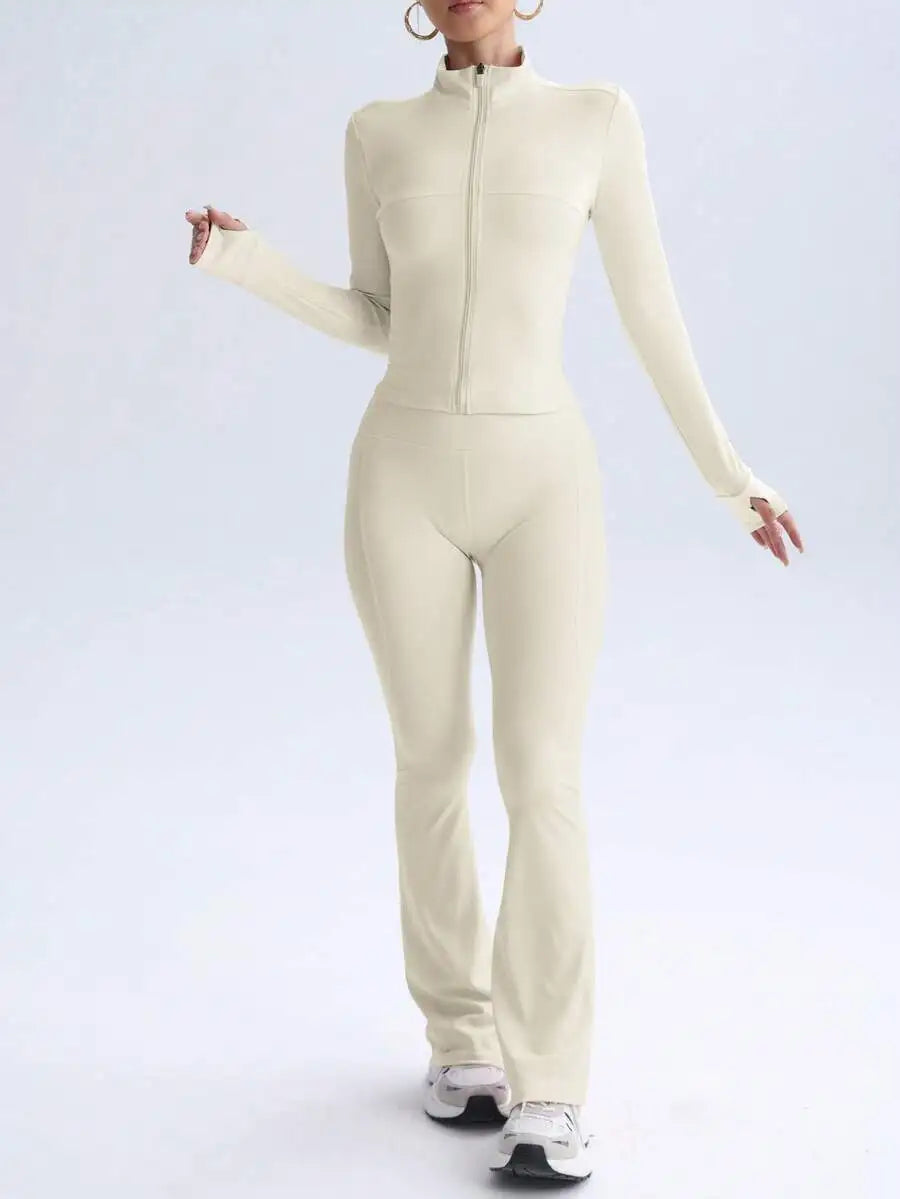 Women Solid Seamless Sports Set Elastic Jacket With Butt Lifting Leggings