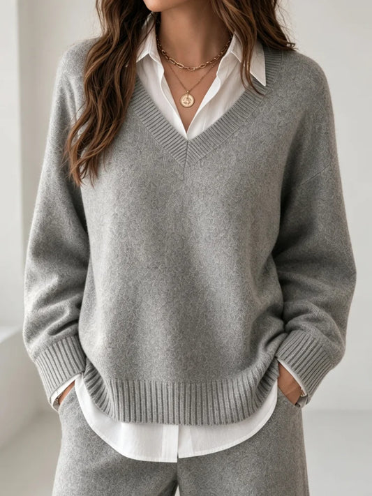 Women's V Neck Knit Pullover with Layered Shirt Detail