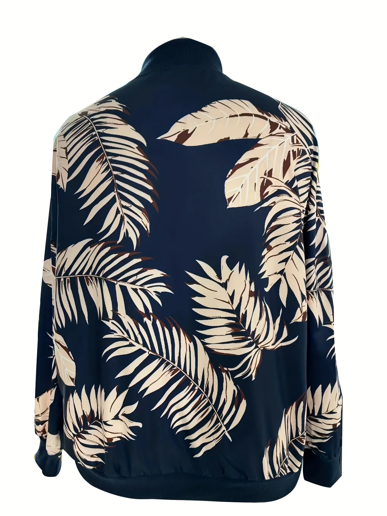 Tropical Plant Print Baseball Jacket With Zipper For Casual Wear
