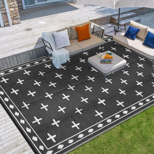 Outdoor Rug, Reversible Waterproof Plastic Straw Patio Mat with Geometric Border Design, Large RV Camping Rug for Deck, Balcony