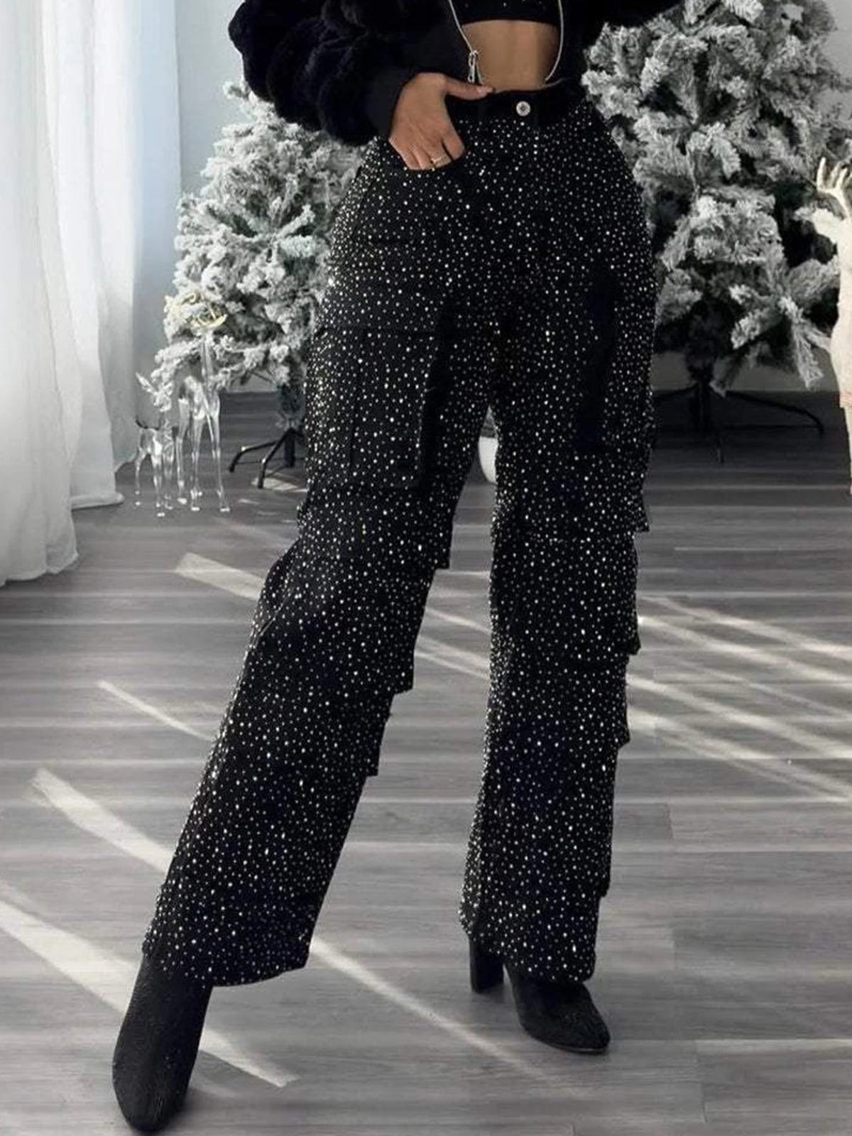 Womens High Waist Rhinestone Multi Pocket Straight Denim Jeans