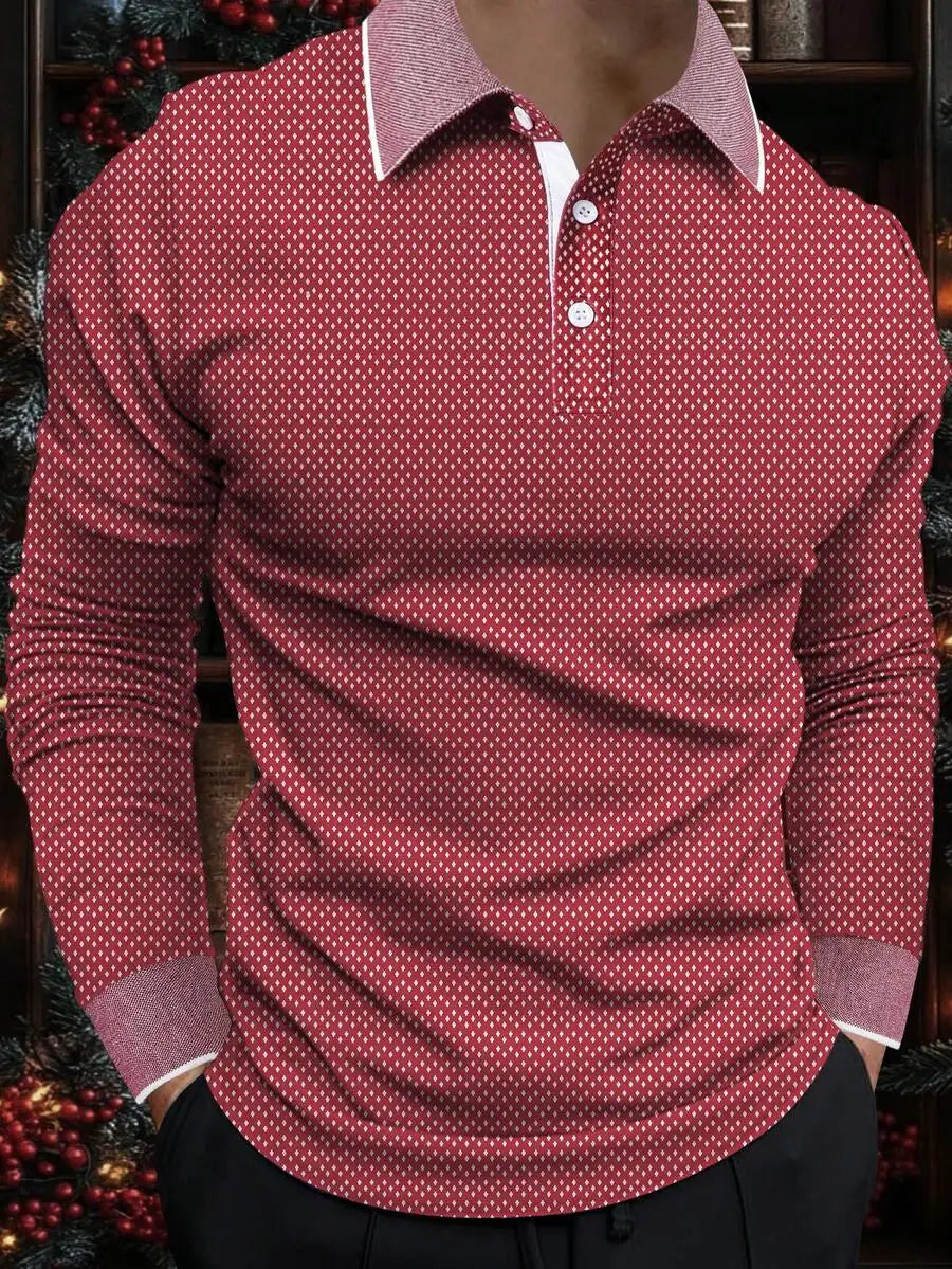 Men's Long Sleeve Textured Knit Polo Shirt - Solid White, Casual Business Wear