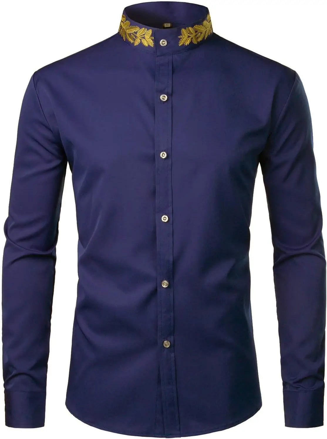 Men's Gold Embroidery Mandarin Collar Slim Fit Long Sleeve Shirt