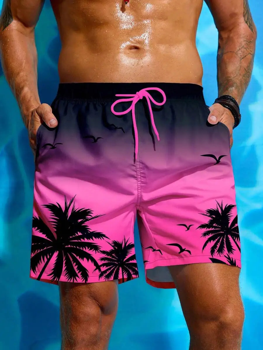 Palm Tree Print Drawstring Beach Shorts For Men Beachwear Holiday