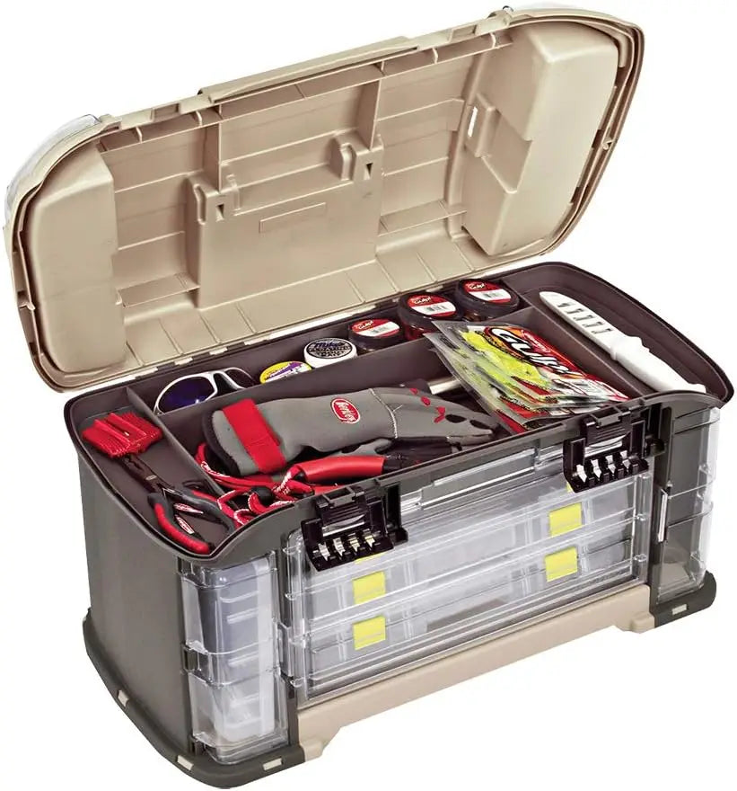 15° Angled Tackle Box System with 7 Waterproof Utility Boxes, Fishing Storage Case, Non-Skid Base, Lockable Latches