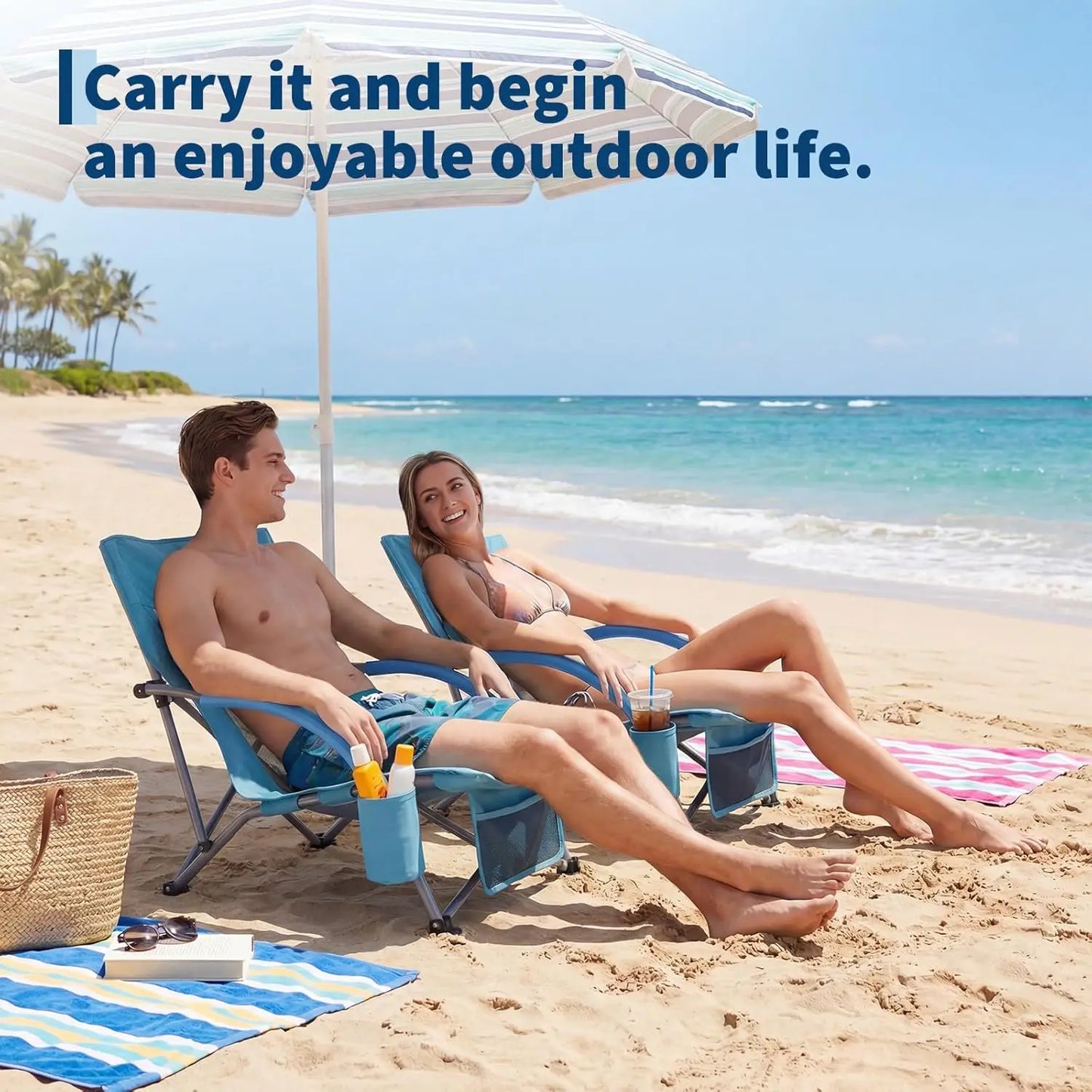 HiMISS High Back Beach Chair Folding With Cup Holder