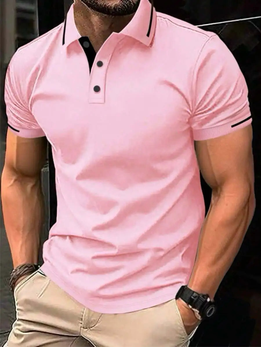 Navy Blue Men's Polo Shirt with Red Trim Collar and Cuffs, Short Sleeve Casual Summer Top