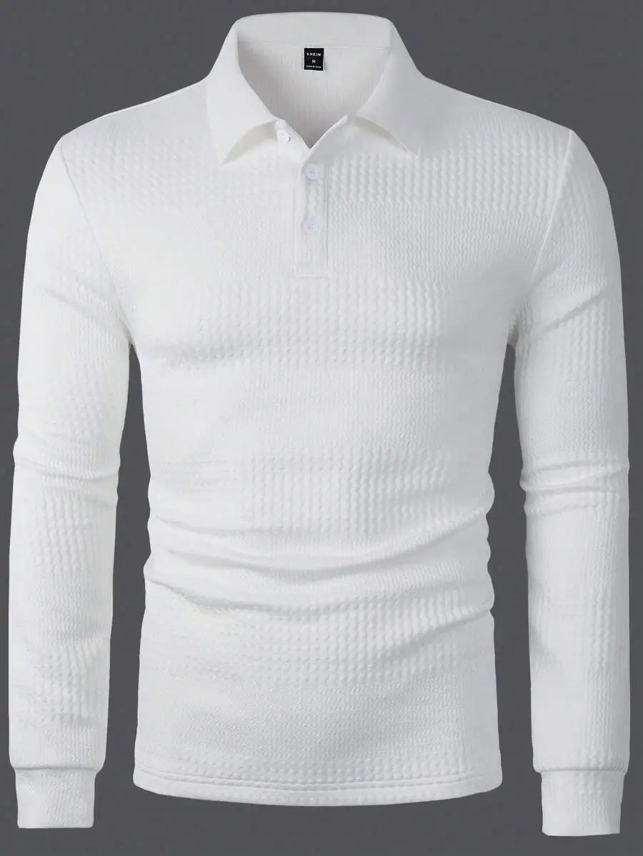 Men's Long Sleeve Textured Knit Polo Shirt - Solid White, Casual Business Wear