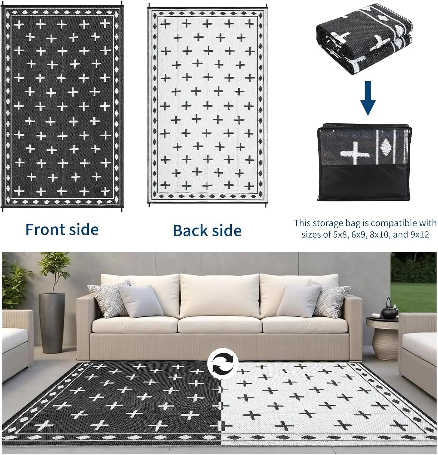 Outdoor Rug, Reversible Waterproof Plastic Straw Patio Mat with Geometric Border Design, Large RV Camping Rug for Deck, Balcony