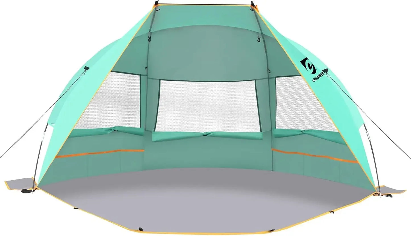 Beach Tent 3 Person Sun Shelter UPF 50+ with Extended Waterproof Pe Floor & 3 Mesh Roll Up Windows Fits