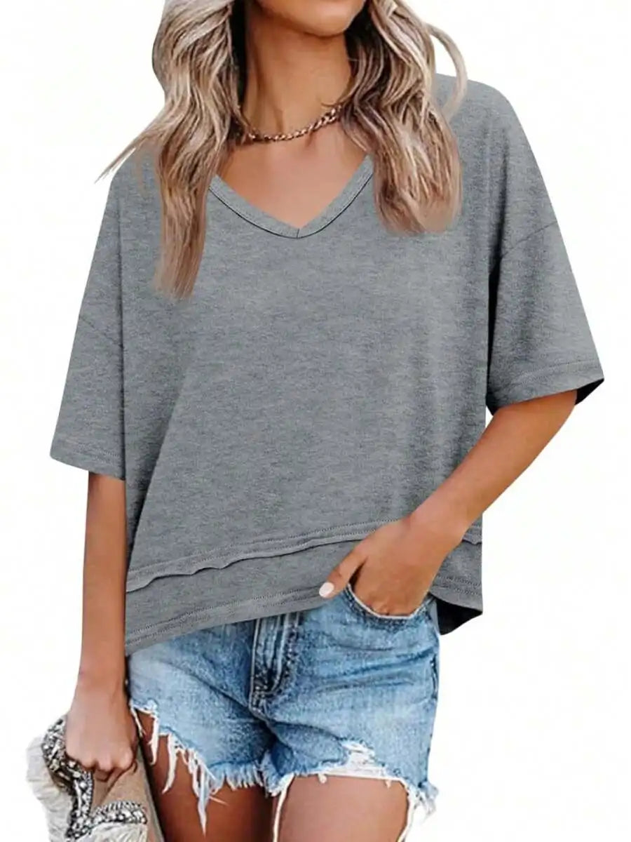 Womens V-Neck Loose Short Sleeve Flowy Top