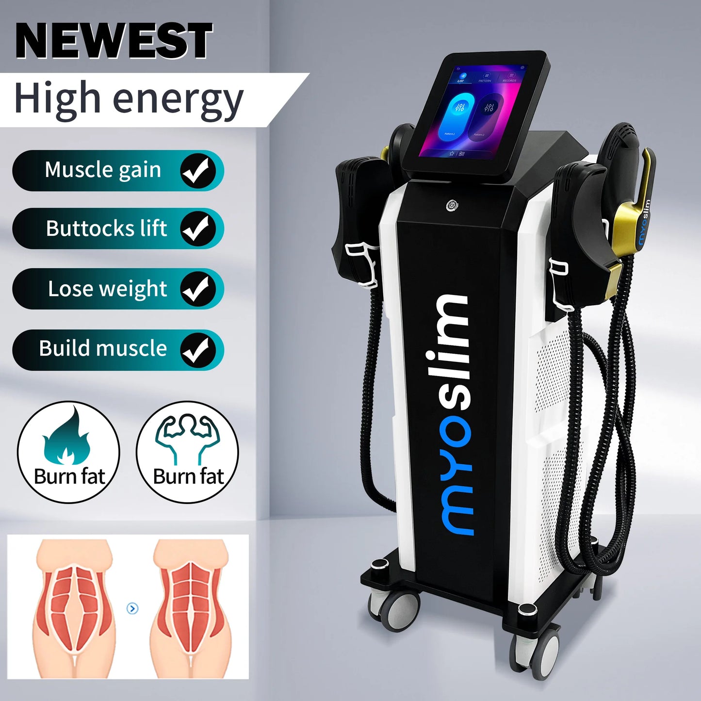 Myoslim NEO Folding Screen 6500W 15tesla Uses The Latest RF And HIEMT Technology To Muscle Building Body Shaping And Weight Loss