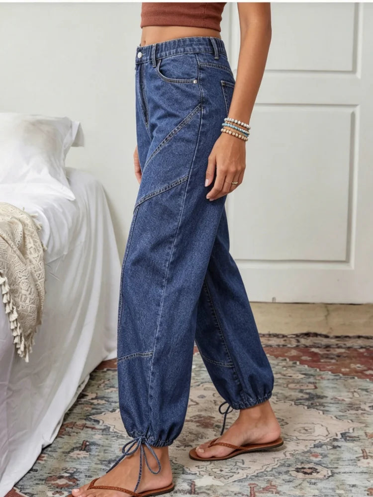 Women's High Waist Loose Fit Denim Jeans With Drawstring Cuffs