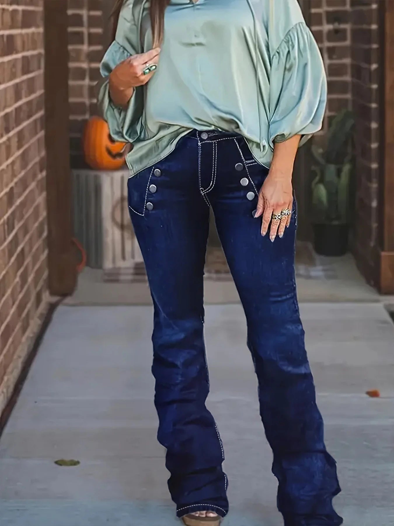 Plus Size Women's Blue Flare Jeans, Double Row Decorative Buttons, Contrast Stitching, Stretchy Denim Pants for Casual Style