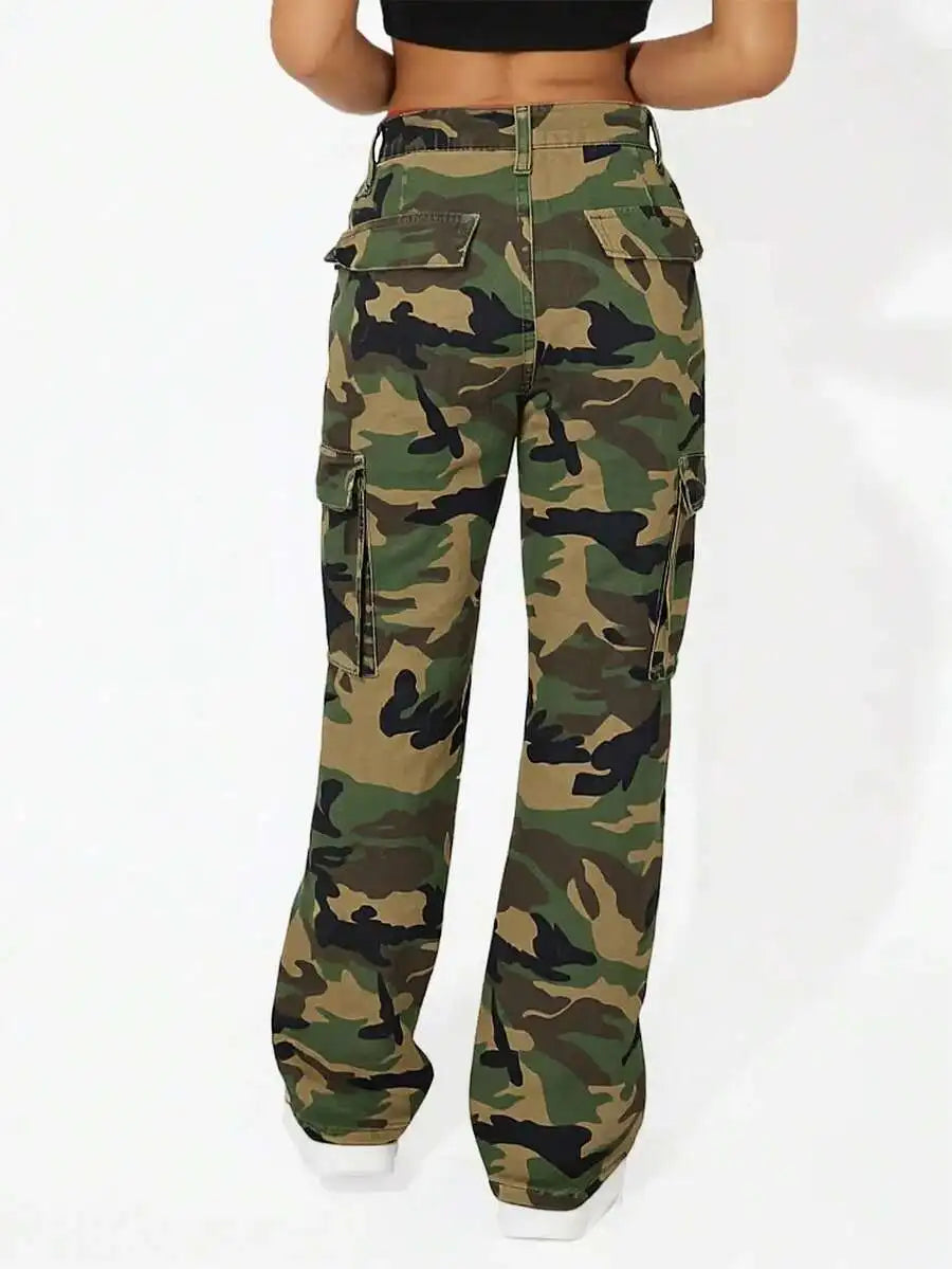 Women Camo Cargo Jeans Stretch Denim Pants With Multi Pockets
