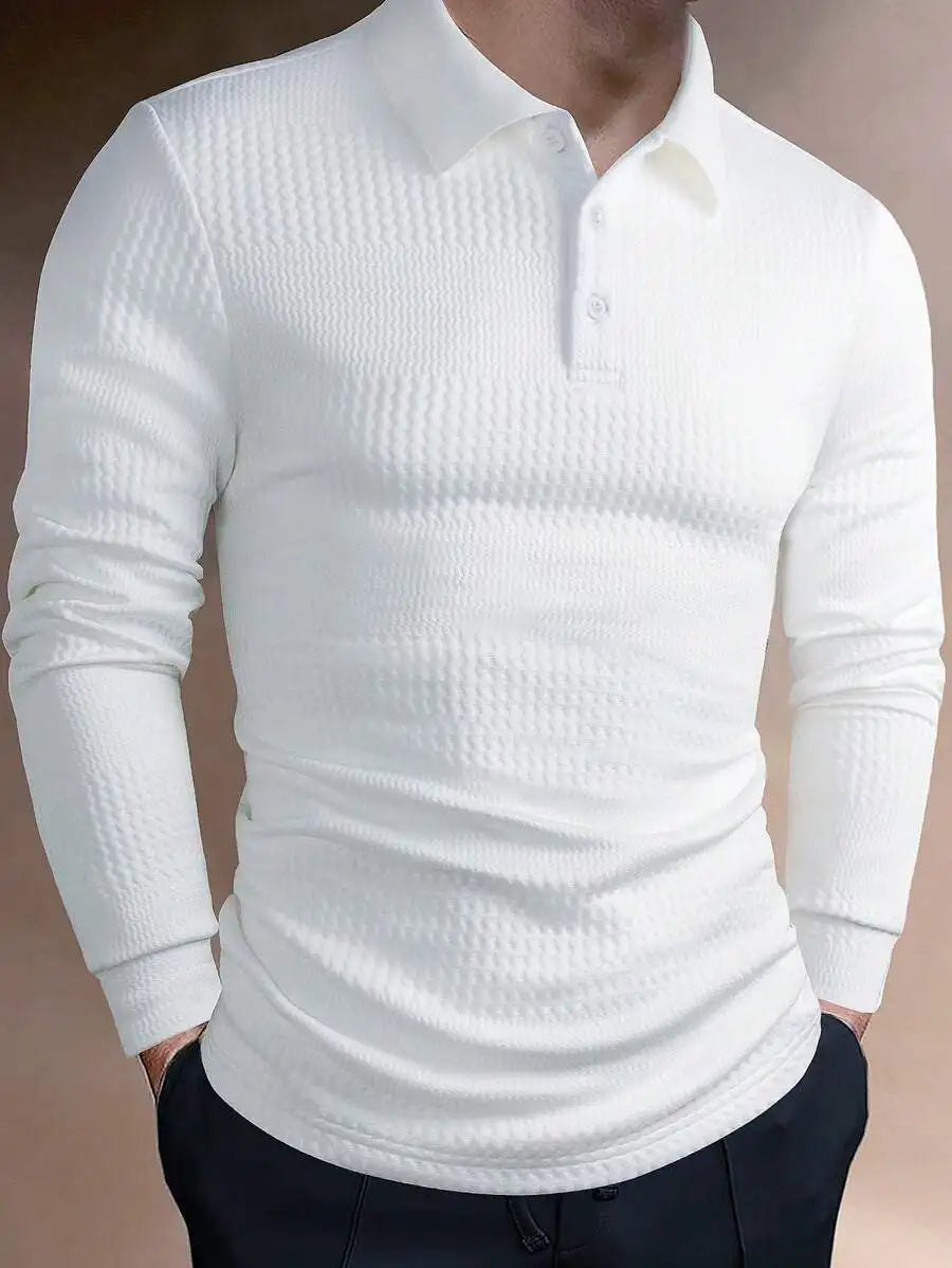 Men's Long Sleeve Textured Knit Polo Shirt - Solid White, Casual Business Wear