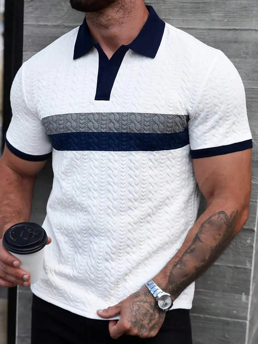 Navy Blue Men's Polo Shirt with Red Trim Collar and Cuffs, Short Sleeve Casual Summer Top