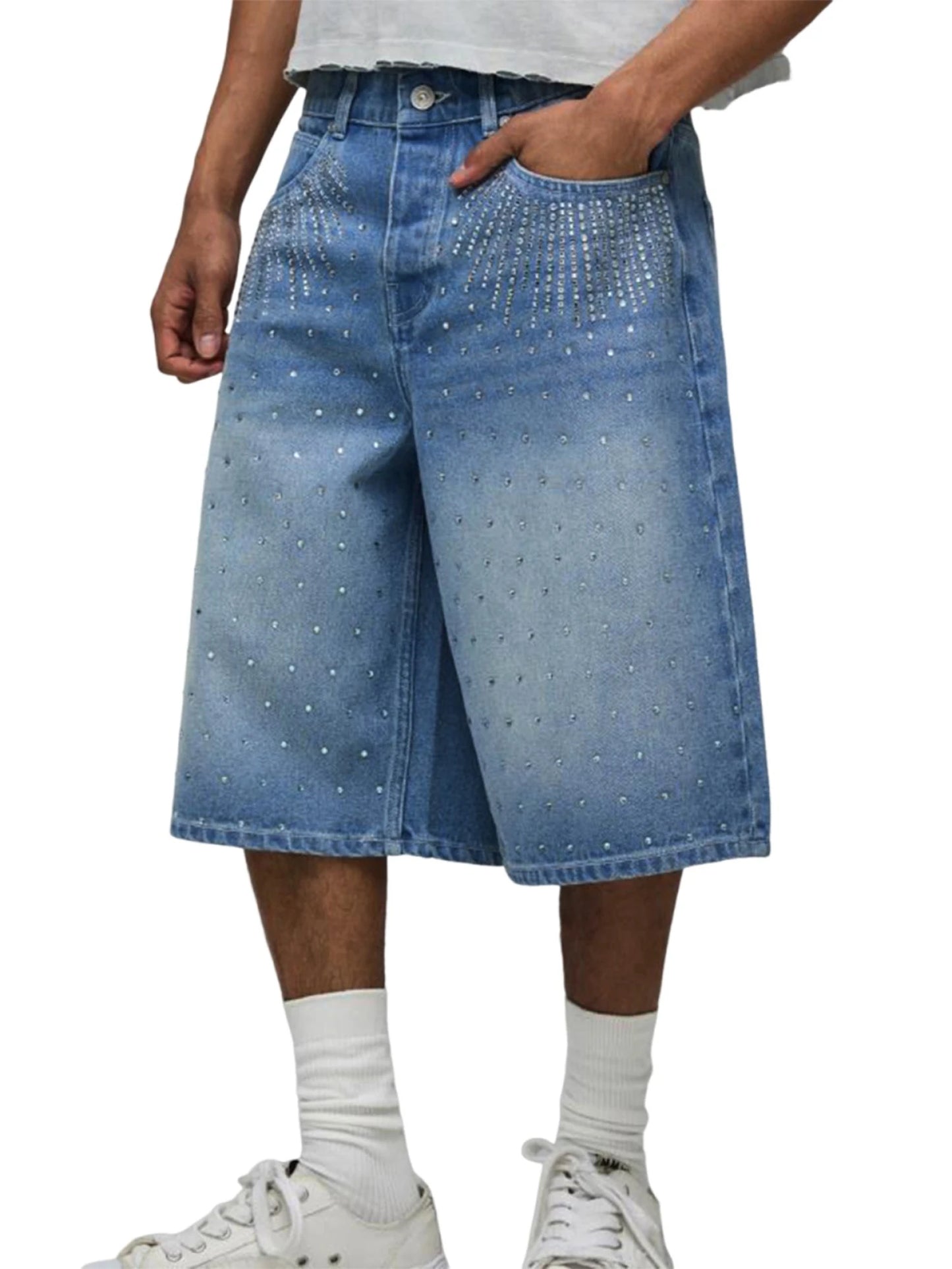 Mens Knee Length Denim Shorts With Distressed Detailing Frayed Hem