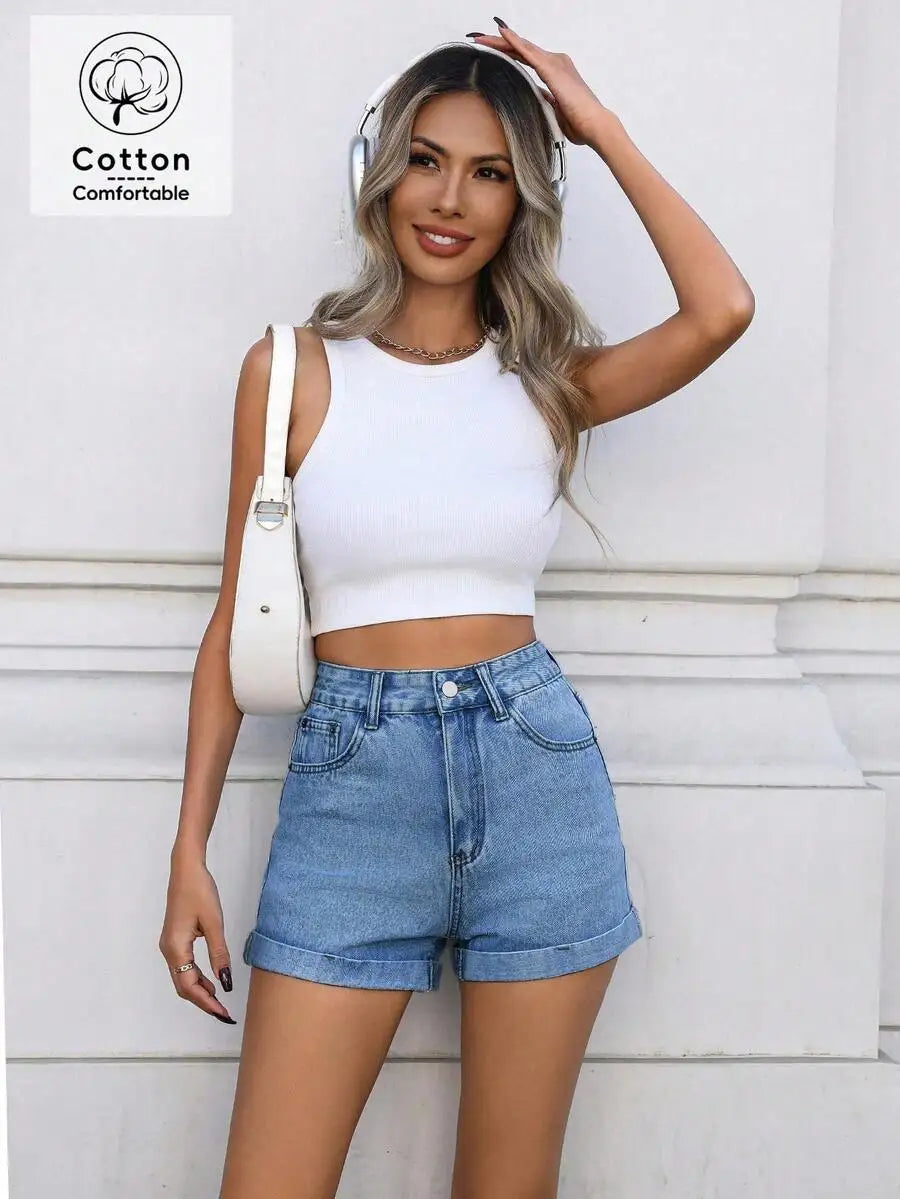 Y2K Style Casual Rolled Hem Straight Leg Denim Shorts For Women