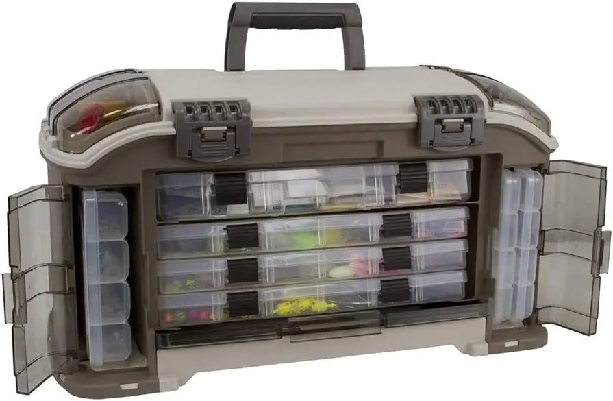 15° Angled Tackle Box System with 7 Waterproof Utility Boxes, Fishing Storage Case, Non-Skid Base, Lockable Latches