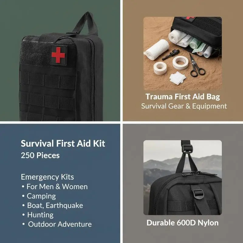 Trauma Medical Bag 250PCS For Camping Hiking Boat, 600D Nylon Survival Gear Emergency Equipment Outdoor Adventure Adventure Travel Essential Kit