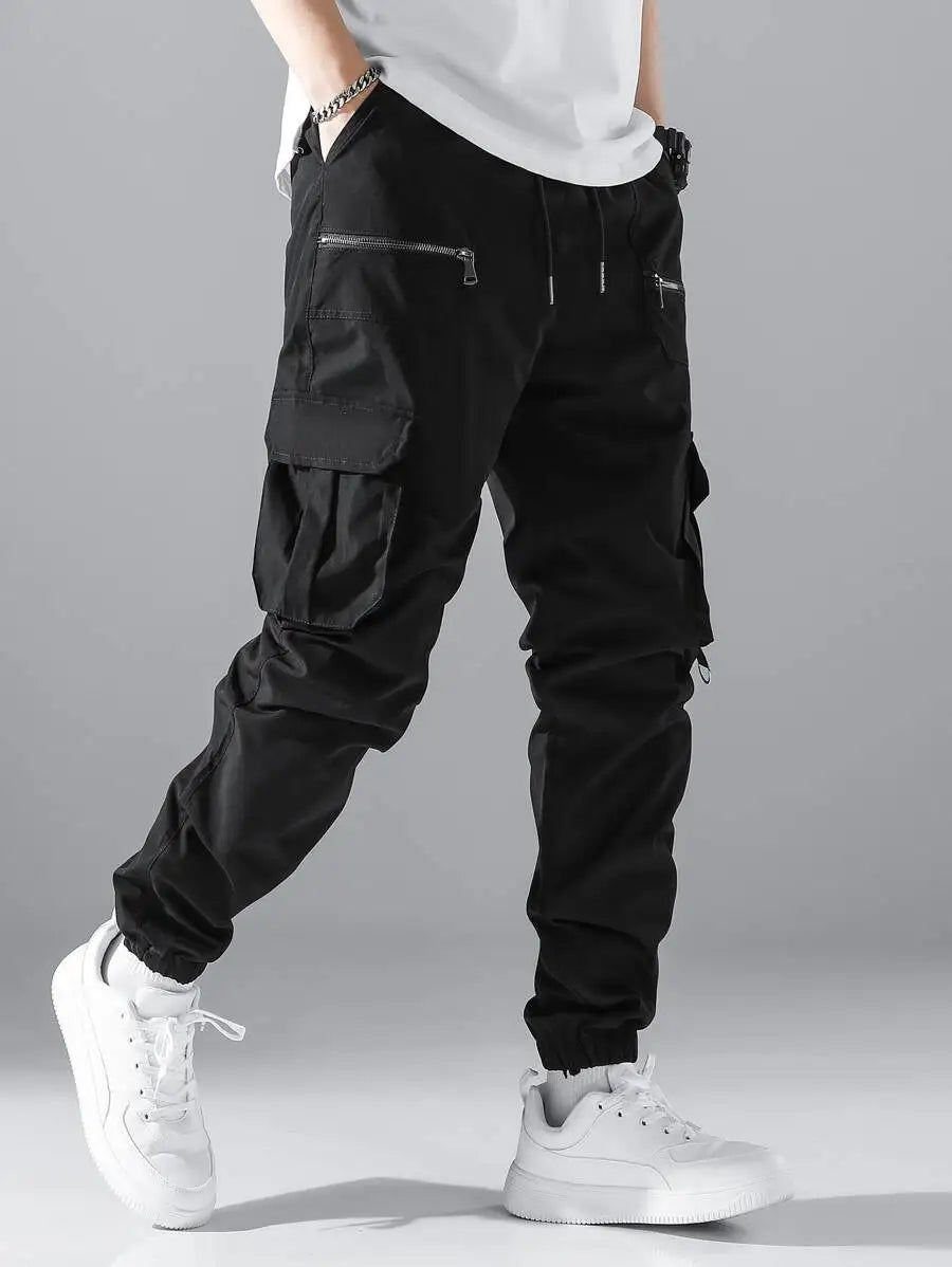 Loose Fit Mens Cargo Pants With Flap Pockets Elastic Waist