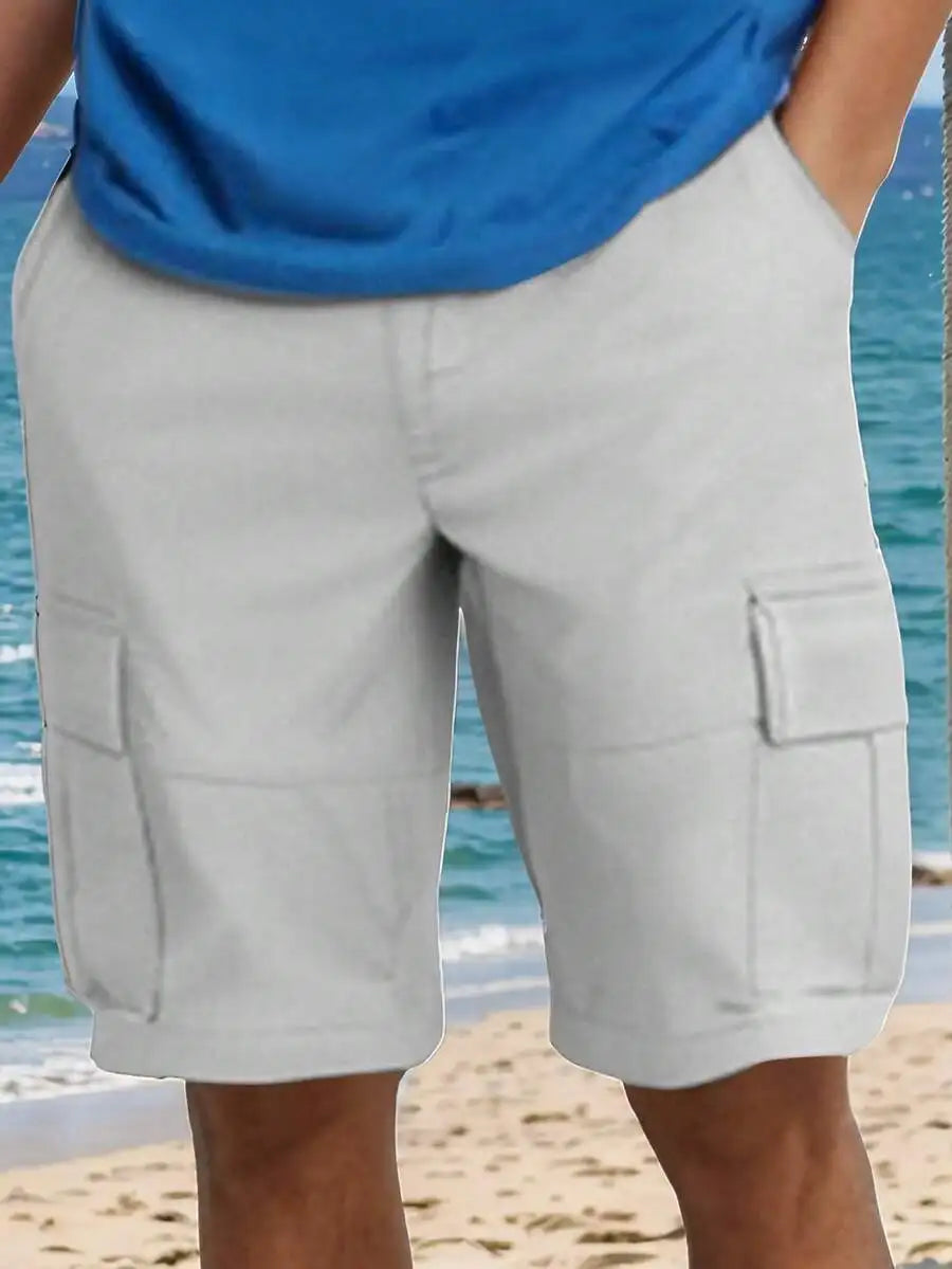 Men's Solid Color Cargo Shorts With Elastic Waist Pockets Summer