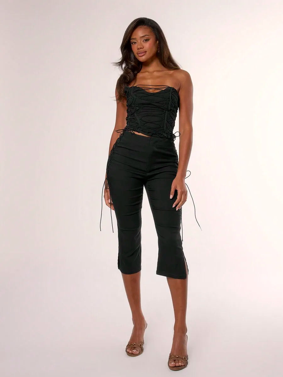 Side Laced Capri Pants For Women Summer Vacation Festival