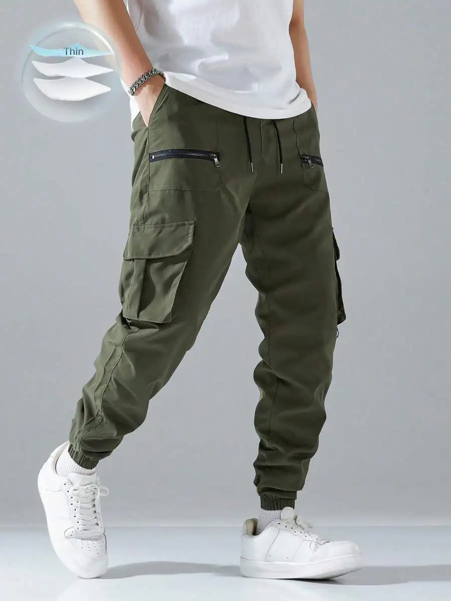 Loose Fit Mens Cargo Pants With Flap Pockets Elastic Waist