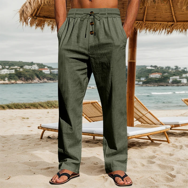 Cotton Mens Loose Straight Leg Pants With Elastic Waist