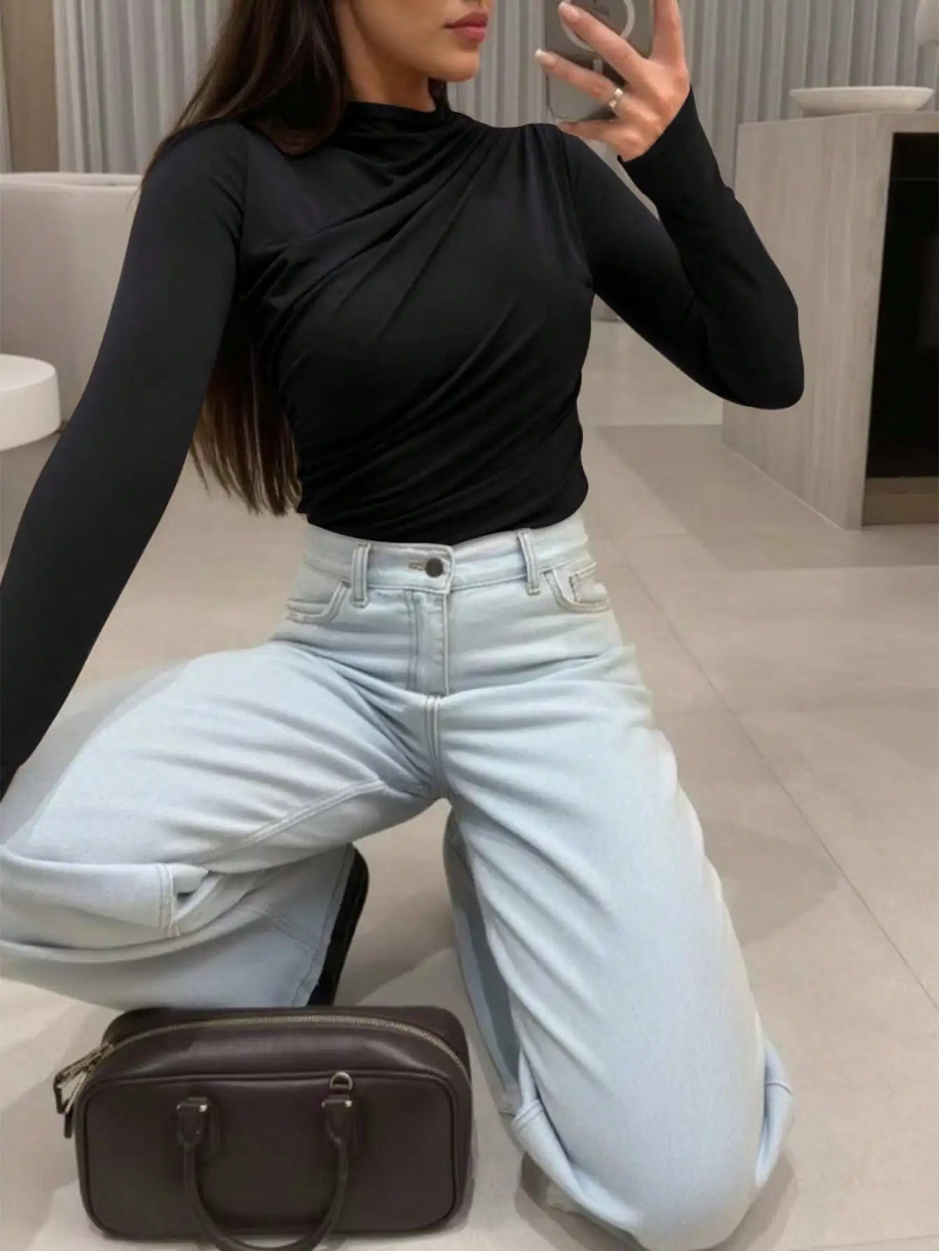Fisoew women's Basic Tops Fall New Arrival  Early Autumn Versatile Slim Fit Thin Layering Tee Long Sleeve T-Shirt