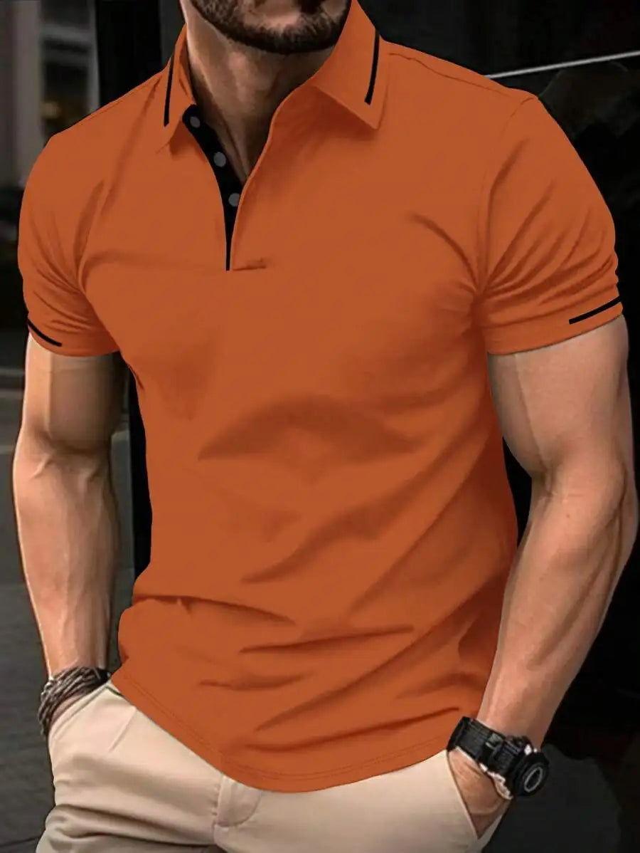 Navy Blue Men's Polo Shirt with Red Trim Collar and Cuffs, Short Sleeve Casual Summer Top