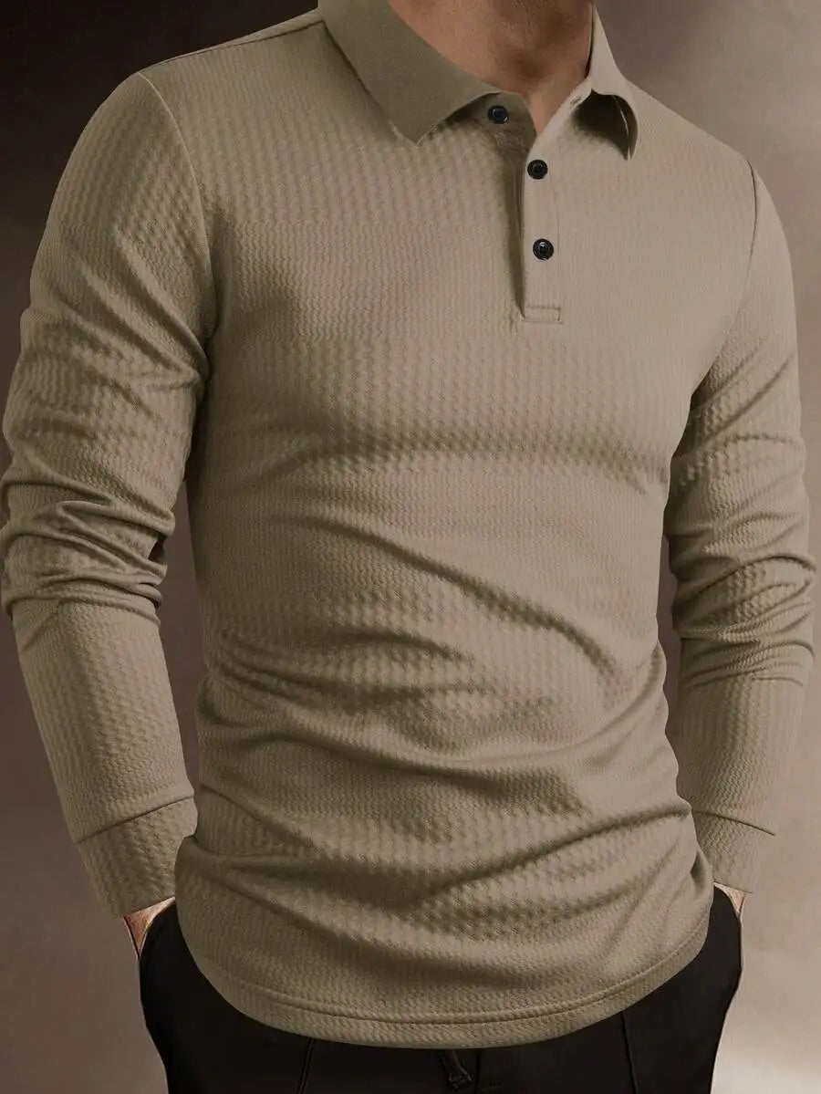 Men's Long Sleeve Textured Knit Polo Shirt - Solid White, Casual Business Wear