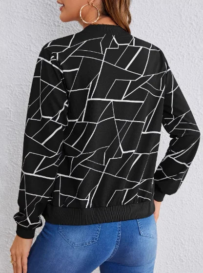 Geometric Print Women's Baseball Jacket With Zipper And Stand Collar