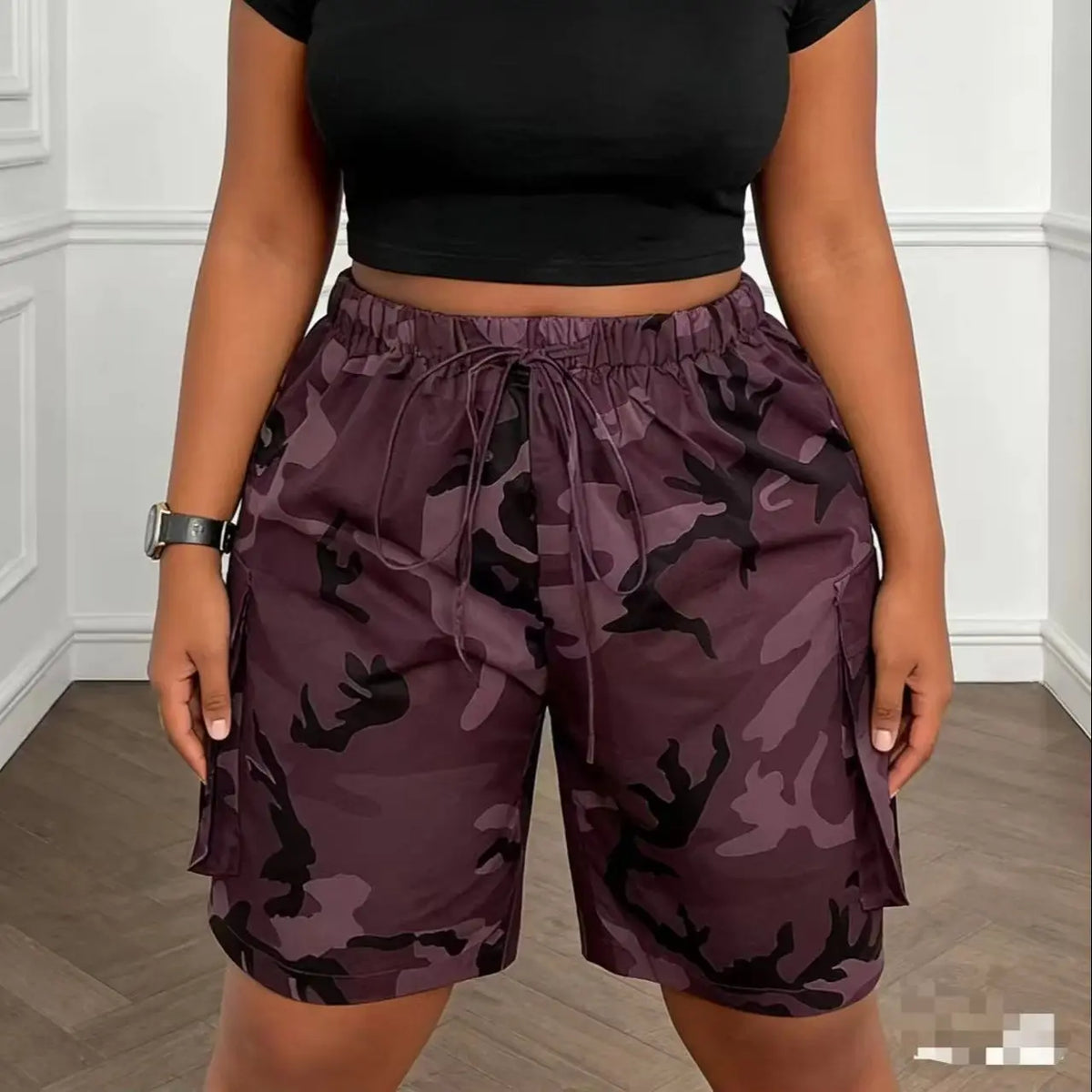 Women Casual Drawstring Cargo Shorts With Large Side Pockets