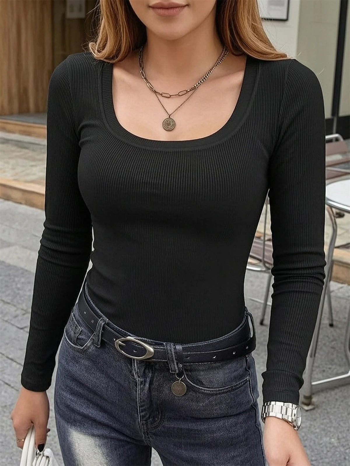Womens Square Neck Ribbed Long Sleeve Slim Fit Top