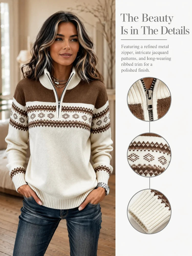 Women's Fair Isle Geometric Jacquard Half Zip Mock Neck Sweater